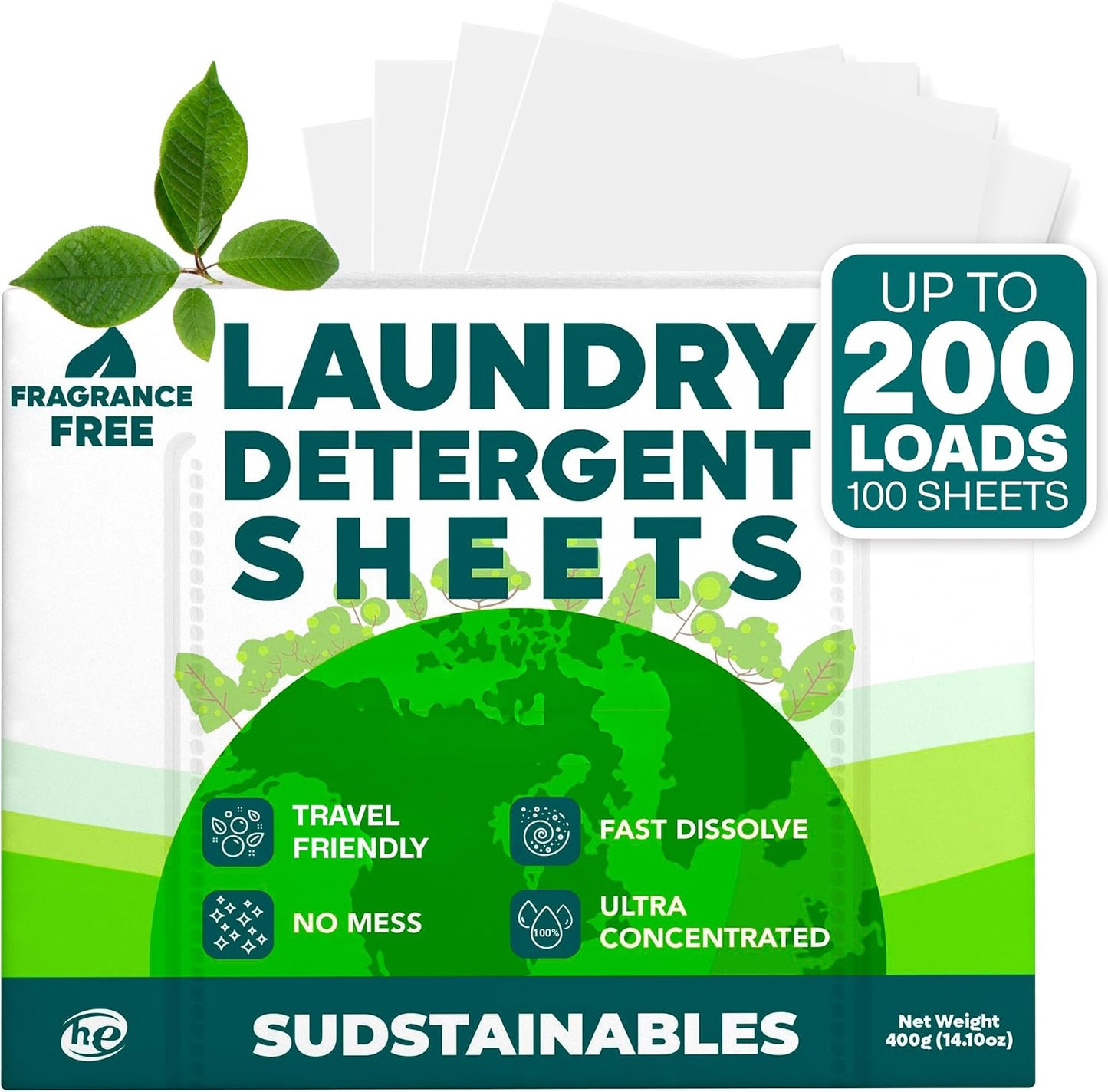Sudstainables Laundry Detergent Sheets 200 Loads – Dissolvable Laundry Sheet for Washing Machines, Compact Alternative to Liquid & Powder Detergent, Travel-Friendly Soap | Fragrance Free
