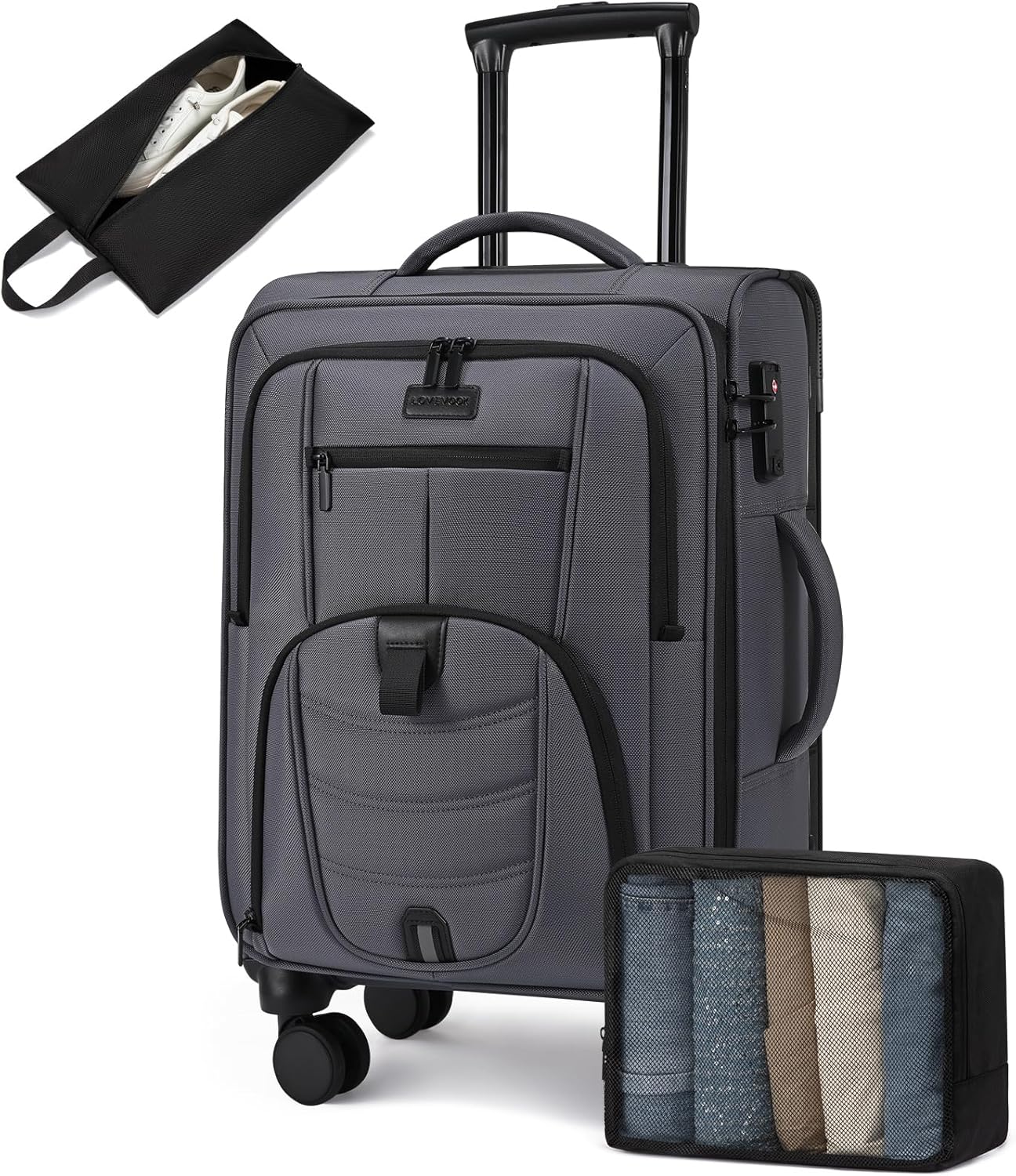 LOVEVOOK Carry On Luggage Airline Approved, Suitcases with Spinner Wheels, Softside Carry-on Luggage with TSA Lock for Men Women Business Trip, Lightweight Large Capacity Luggage for Travel, Grey