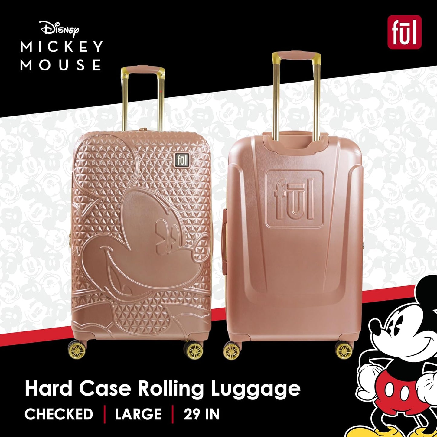 FUL Disney Mickey Mouse 29 Inch Rolling Luggage, Hardshell Suitcase with Spinner Wheels, Rose Gold