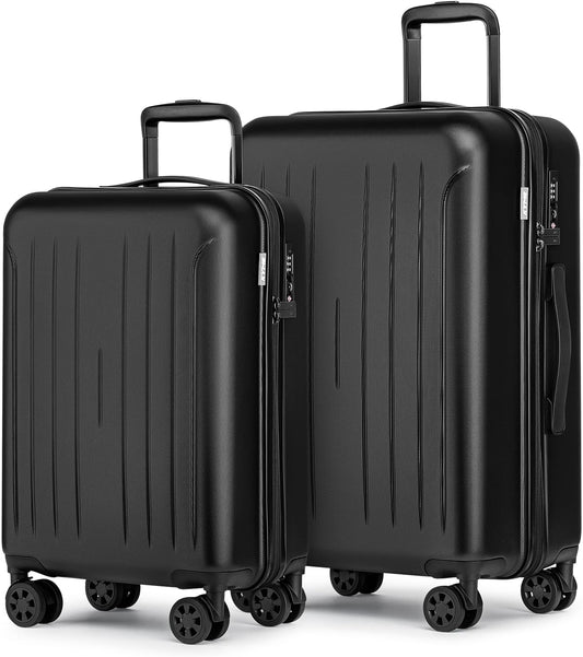 KYME Luggage Sets 2 Piece Hardshell 20"/24" Suitcase with Double Spinner Wheels Hardside Suitcases Sets with TSA Lock PC+ABS Travel Luggage (Black, 2Pcs Set(20"/24"))