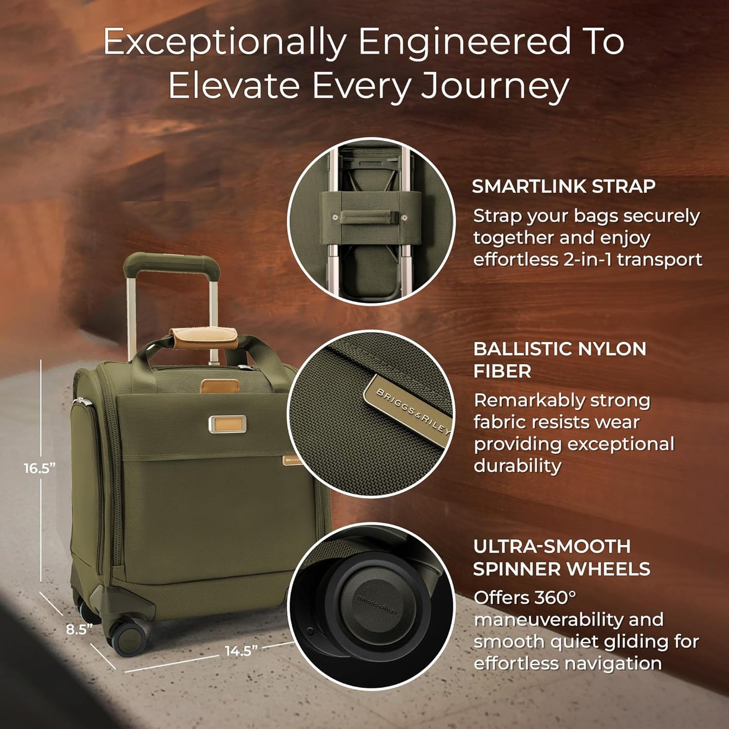 Briggs & Riley Cabin Spinner - Carry On Luggage for Travel, Suitcases with Wheels, Softside Rolling Bag for Men & Women, Fits Under Plane Seat, Interlocking Handle - Baseline Collection, Olive