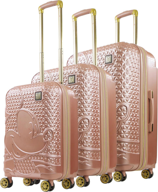 FUL Disney Mickey Mouse 3 Piece Rolling Luggage Set, Hardside Suitcase with Spinner Wheels, 21 Inch, 25 Inch and 29 Inch, Rose Gold