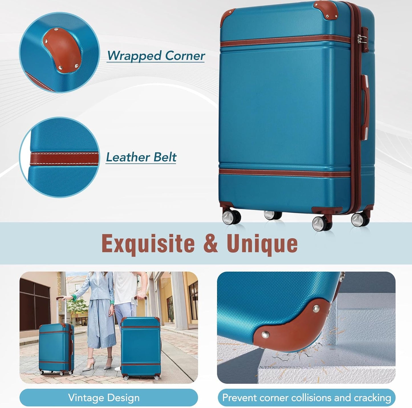 Merax Luggage Set 3 Piece Suitcase Set with 1 Cosmetic Case Expandable Spinner Wheels Vintage Luggage Sets(Blue,20"+24"+28")