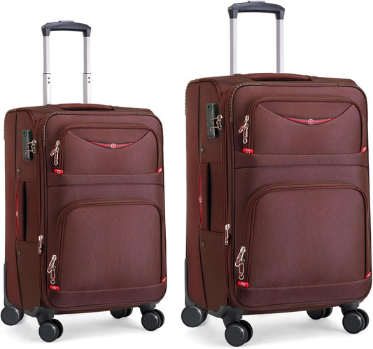 Softside Expandable Luggage with 4 Spinner Wheels, Durable Carry-On Luggage Suicase (Coffee, 2-Piece Set 21/25)