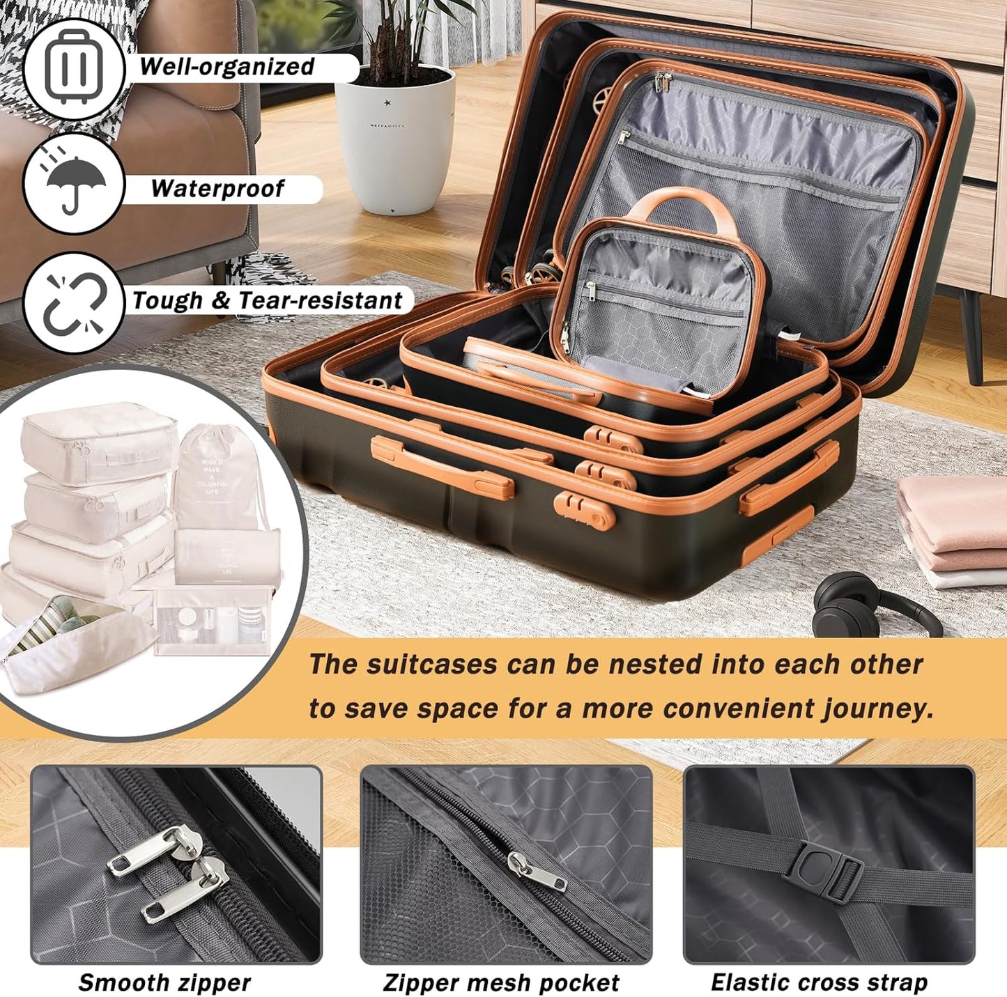 Merax Luggage Set 13 Piece, Hardshell ABS Suitcases with 8 Silent Spinner Wheels, Durable and Lightweight Travel Luggage for Family Trips, Black Brown