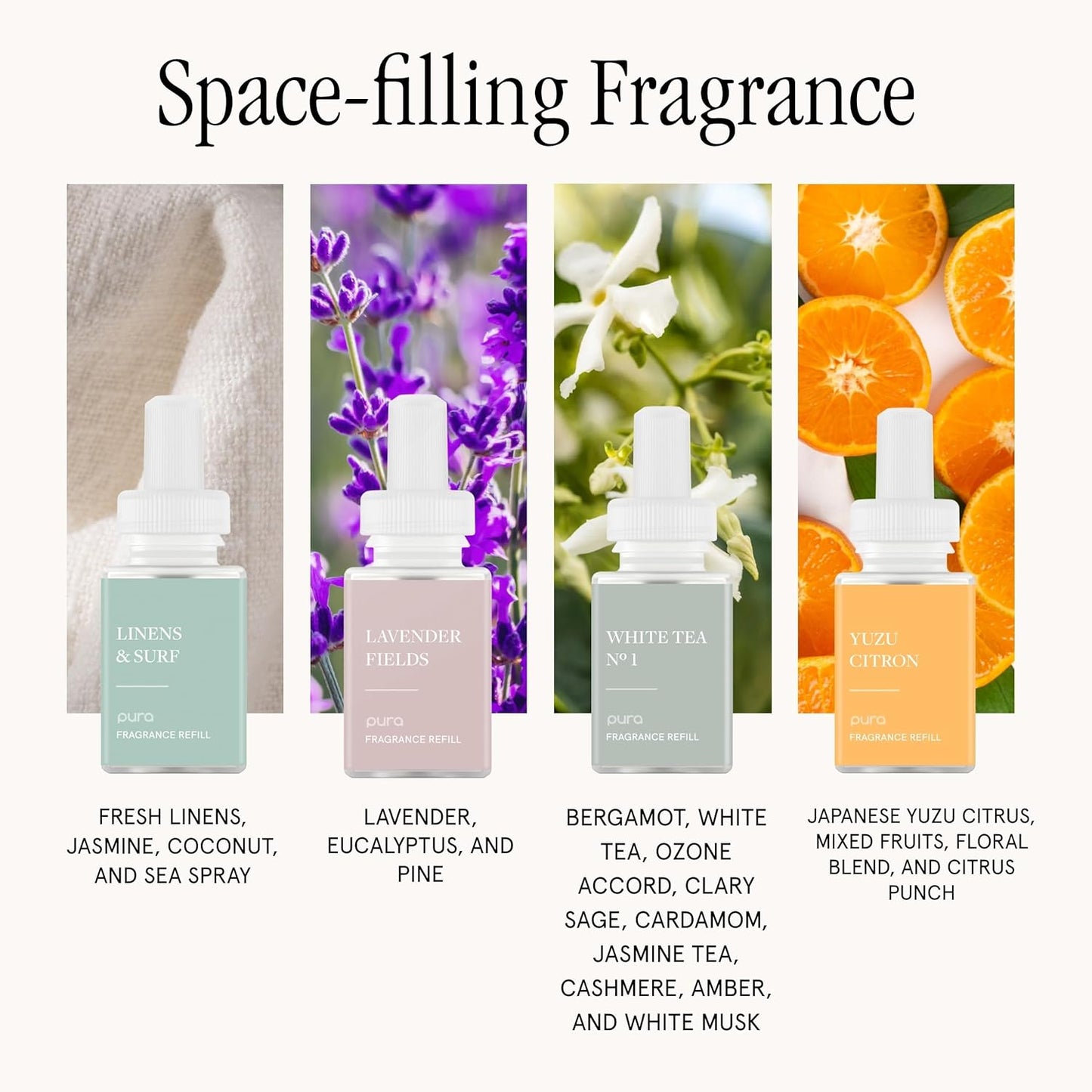 Pura 4 Smart Home Fragrance Device Starter Set - Scent Diffuser for Home- Linens & Surf, Lavender Fields, White Tea No. 1, Yuzu Citron Scent