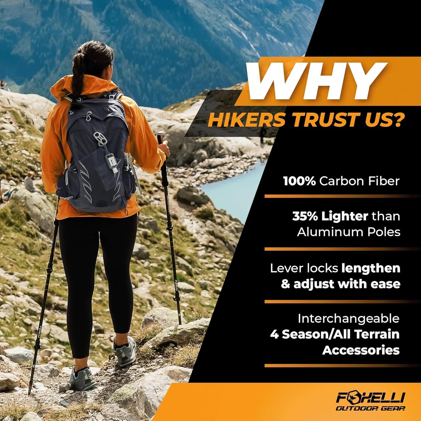 Foxelli Carbon Fiber Trekking Poles – Lightweight Collapsible Hiking Poles with Cork Grips, Lever Locks & All Terrain Accessories