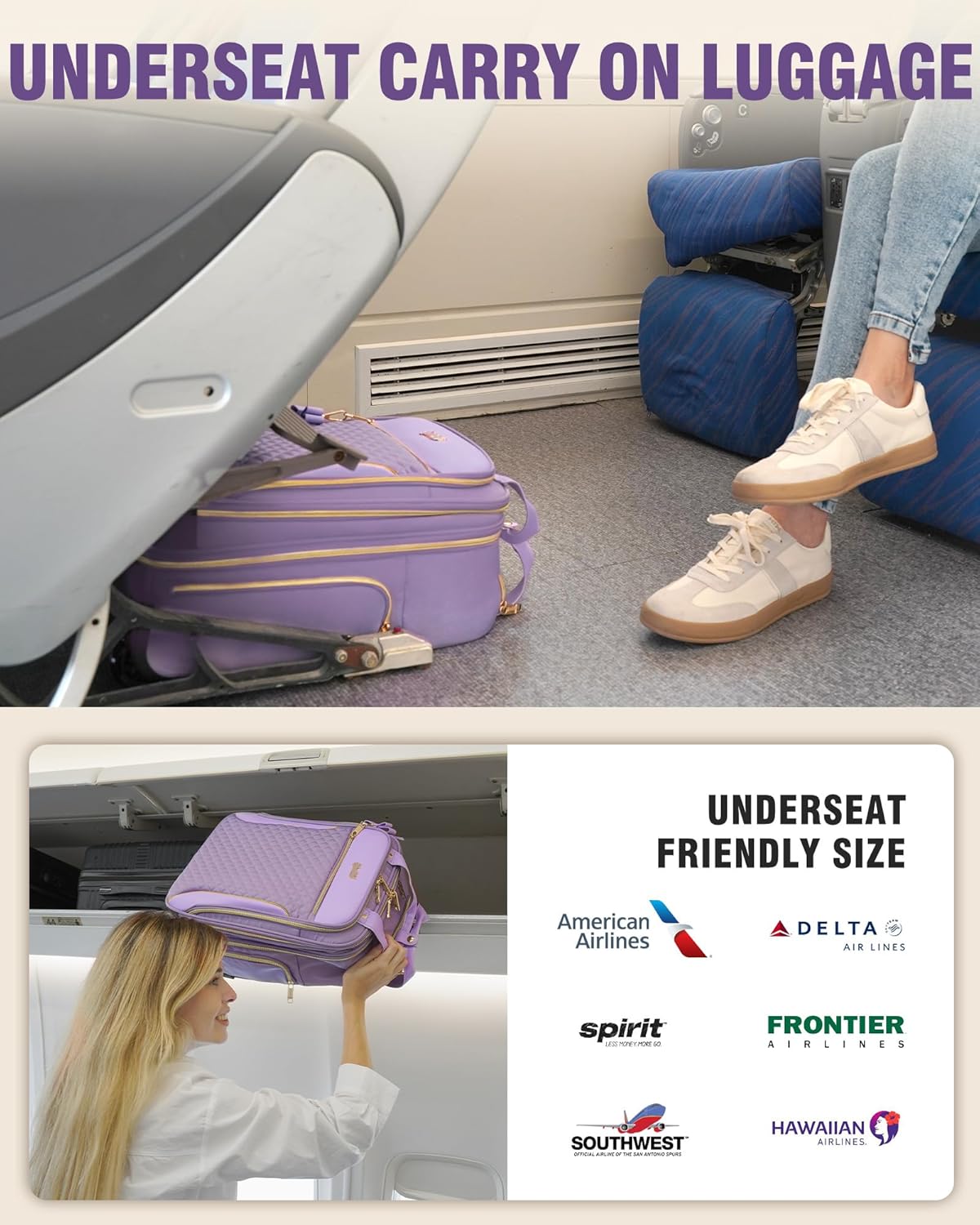 Underseat Carry On Luggage with Wheels, Airline Approved Personal Item Suitcase with Multiple Compartments, Lightweight Softside Under Seat Carry-on Suitcases for Women Travel Business, Purple