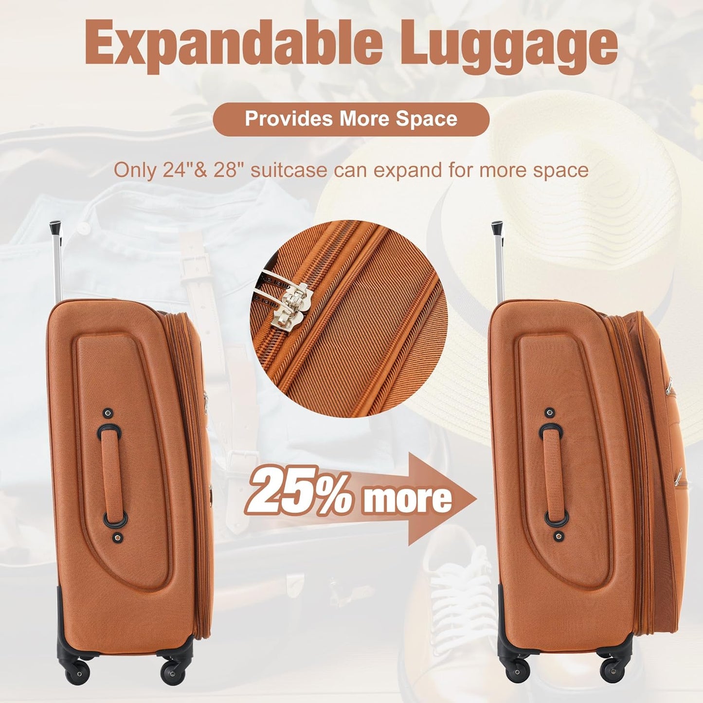 Merax Softside Luggage Set 3 Piece Suitcase with Duffel Bag Spinner Wheels Lightweight Expandable Travel Luggage 22" 26" 30",Orange