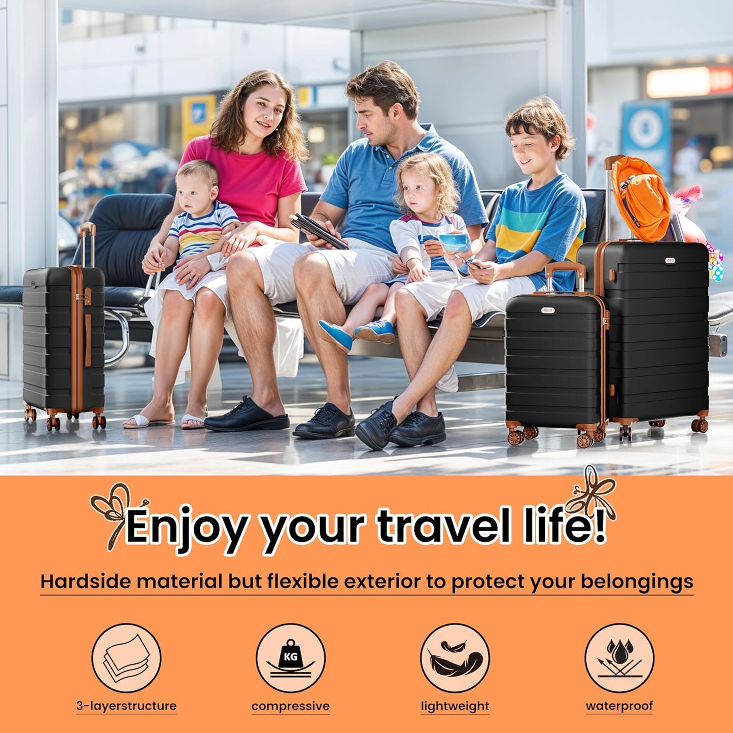 AnyZip Luggage Sets 3 Piece Hardshell Suitcase Set PC ABS Lightweight Travel Suitcases with 4 Double Spinner Wheels TSA Lock 20 24 28 Inch Black Brown