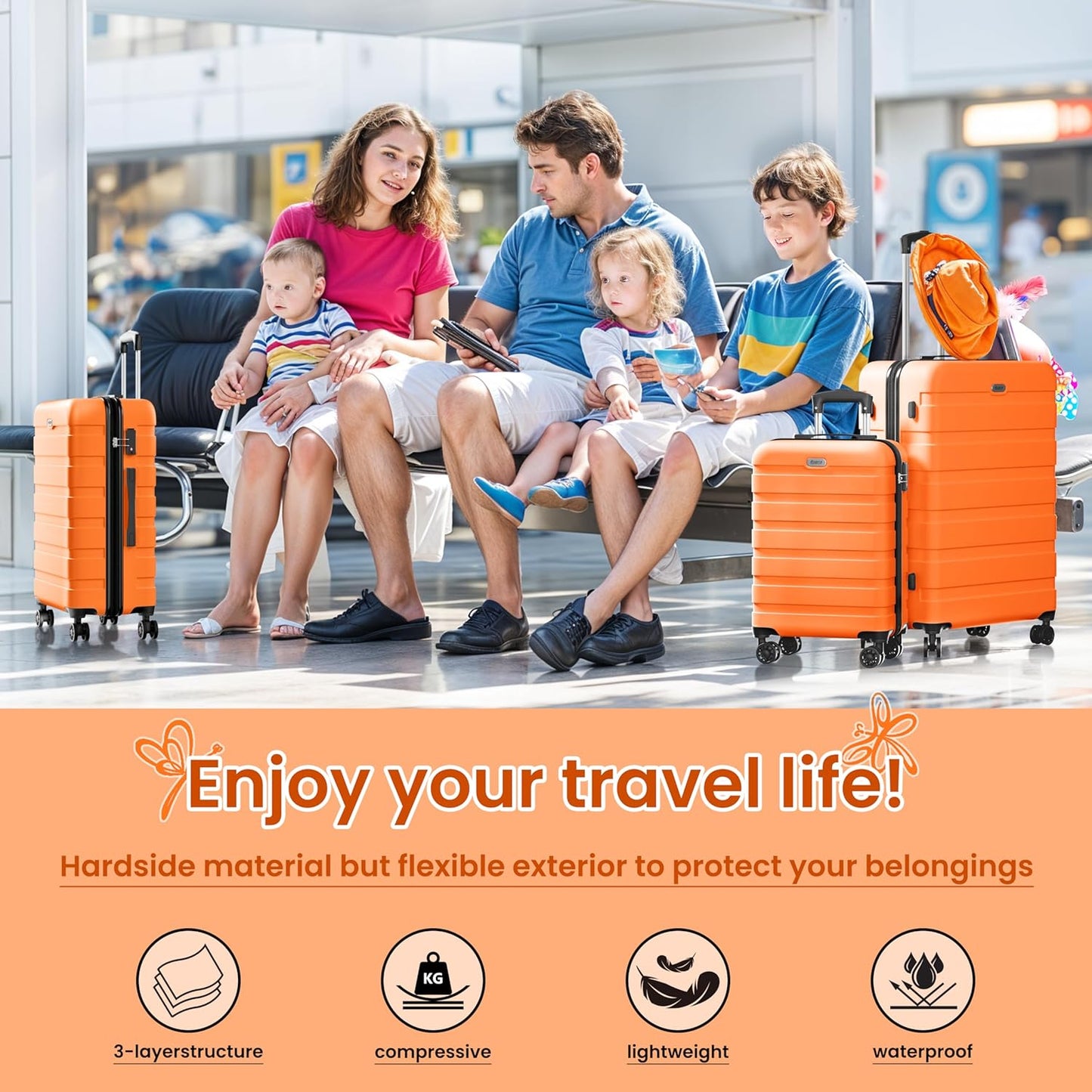 AnyZip Luggage Sets 3 Piece Hardshell Suitcase Set PC ABS Lightweight Travel Suitcases with 4 Double Spinner Wheels TSA Lock 20 24 28 Inch Orange