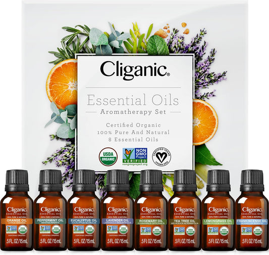 Cliganic Organic Aromatherapy Essential Oils Gift Set (Top 8), 100% Pure - Peppermint, Lavender, Eucalyptus, Tea Tree, Lemongrass, Rosemary, Frankincense & Orange