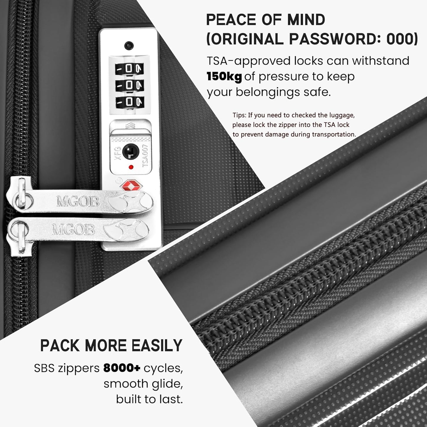 MGB Medium Checked In Luggage, PP Lightweight Hybrid Shell Suitcase with Spinner Wheels and TSA Lock, Medium Suitcase for Travel Women & Men, Natural Black