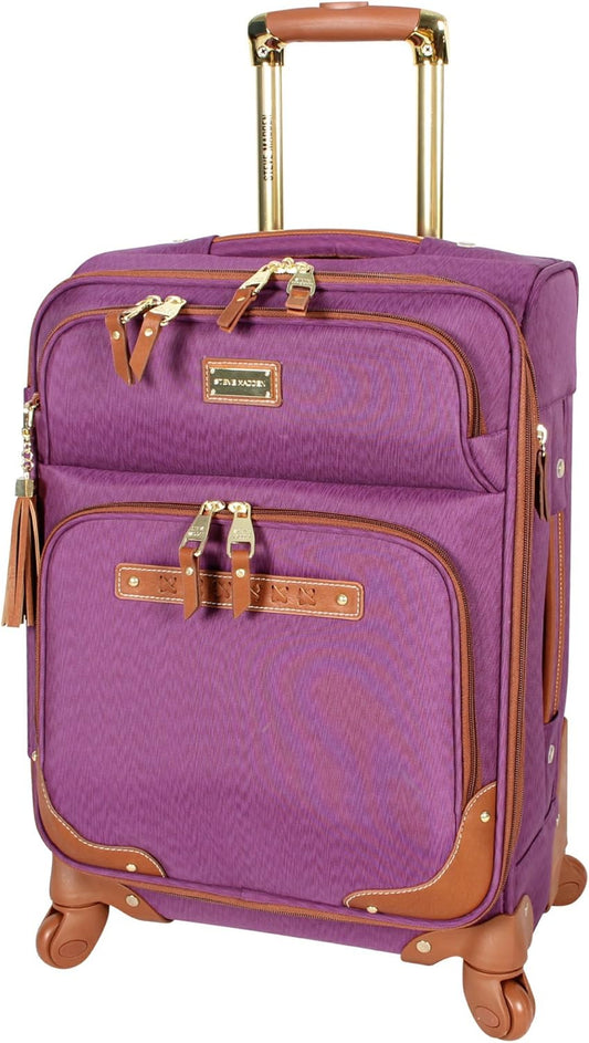 Steve Madden Designer Luggage Collection - Lightweight Softside Expandable Suitcase for Men & Women - Durable 20 Inch Carry On Bag with 4-Rolling Spinner Wheels (Global Purple)