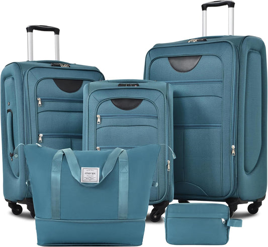 Merax Softside Luggage Set 3 Piece Suitcase with Duffel Bag Spinner Wheels Lightweight Expandable Travel Luggage 22" 26" 30",Blue Green