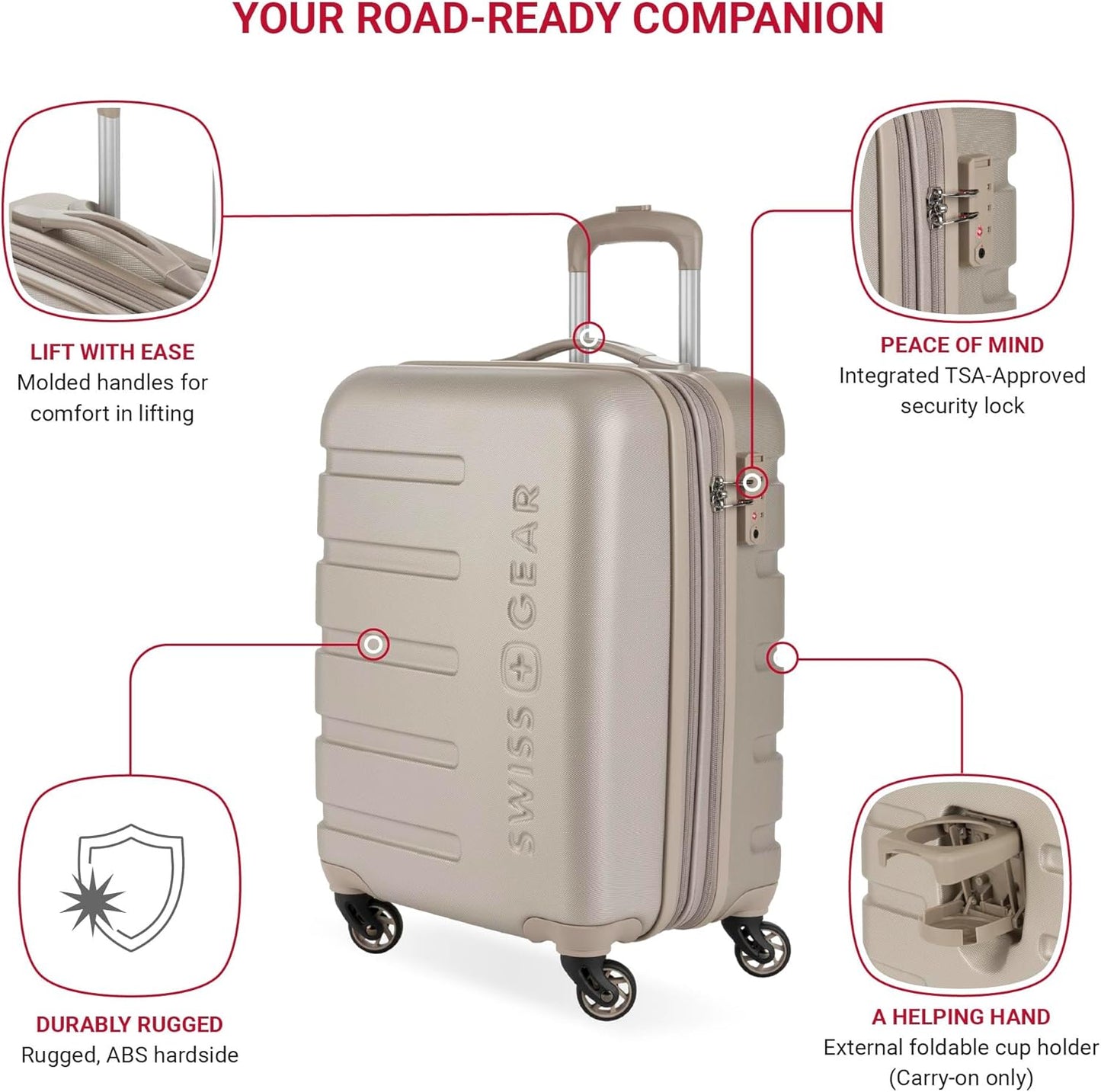 SwissGear 7366 Signature Hardside Expandable Luggage with Spinner Wheels, TSA Lock, Cup-Holder, Sand, Carry-On 19-Inch