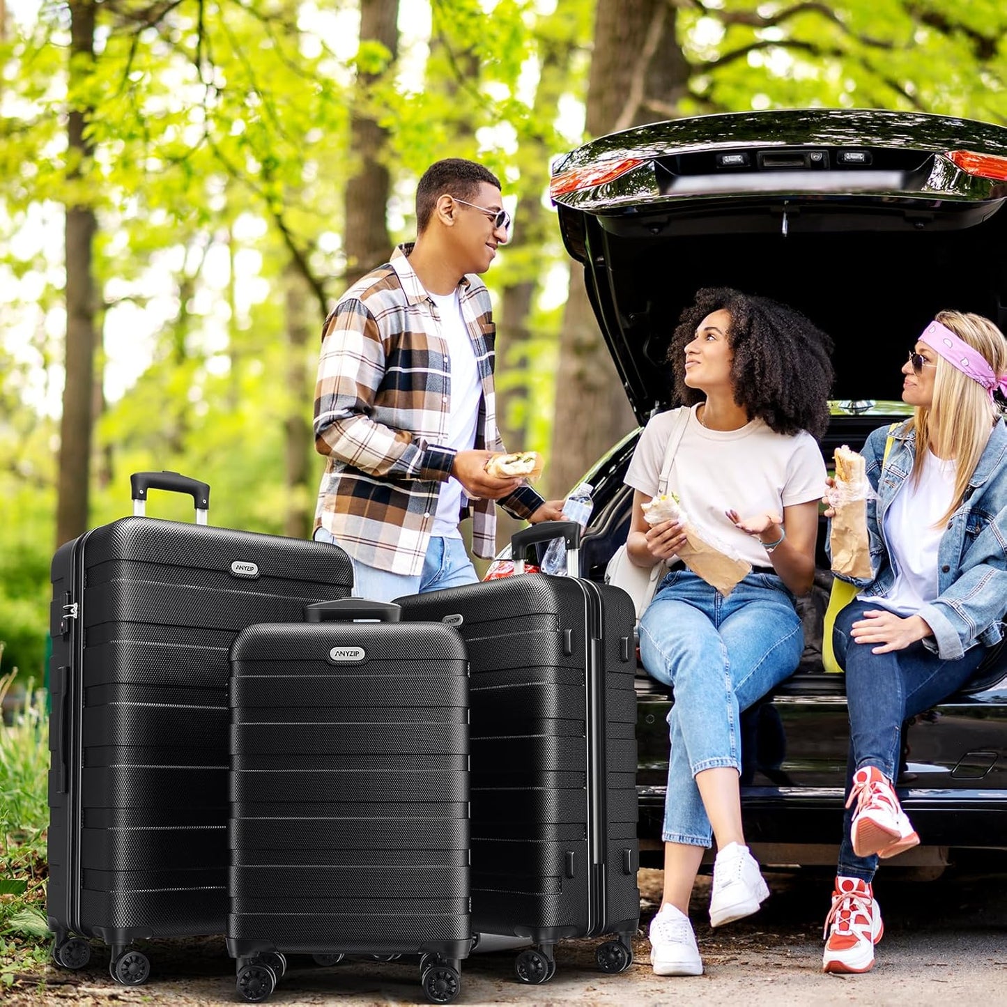 AnyZip Luggage Sets 3 Piece Hardshell Suitcase Set PC ABS Lightweight Travel Suitcases with 4 Double Spinner Wheels TSA Lock 20 24 28 Inch Black