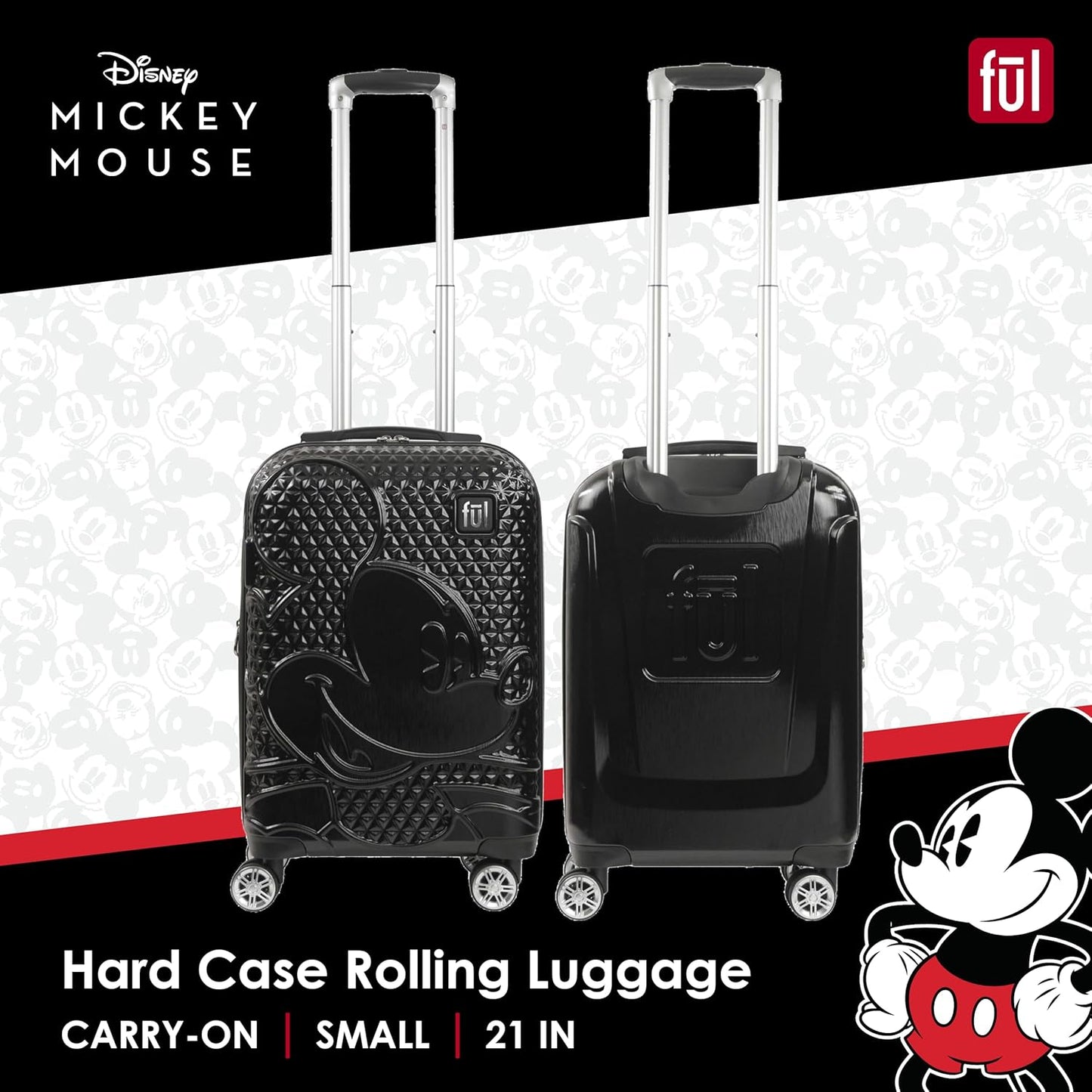 FUL Disney Mickey Mouse 21 Inch Carry On Luggage, Hardshell Rolling Suitcase with Spinner Wheels, Black