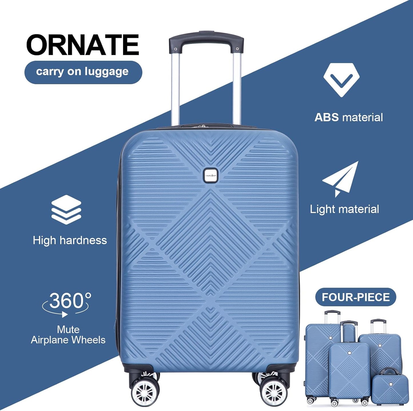 Luggage 4 Piece Set, Hardshell ABS Suitcase Set with Double Spinner Wheels, Lightweight Suitcase, Carry On and Checked Travel Luggage, Dark Blue