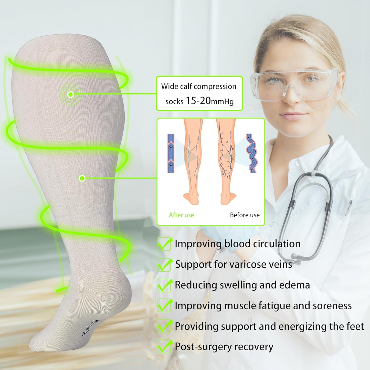 LEVSOX Wide Calf Compression Socks for Women&Men Plus Size 15-20mmHg Knee High Large Support Stockings for Circulation
