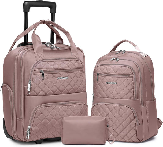 LARVENDER Underseat Carry On Luggage with Wheels Softside 16-inch Underseater Luggage Lightweight Overnight Suitcase for Men Women, Pink, 3 Piece (16/BP/TB)