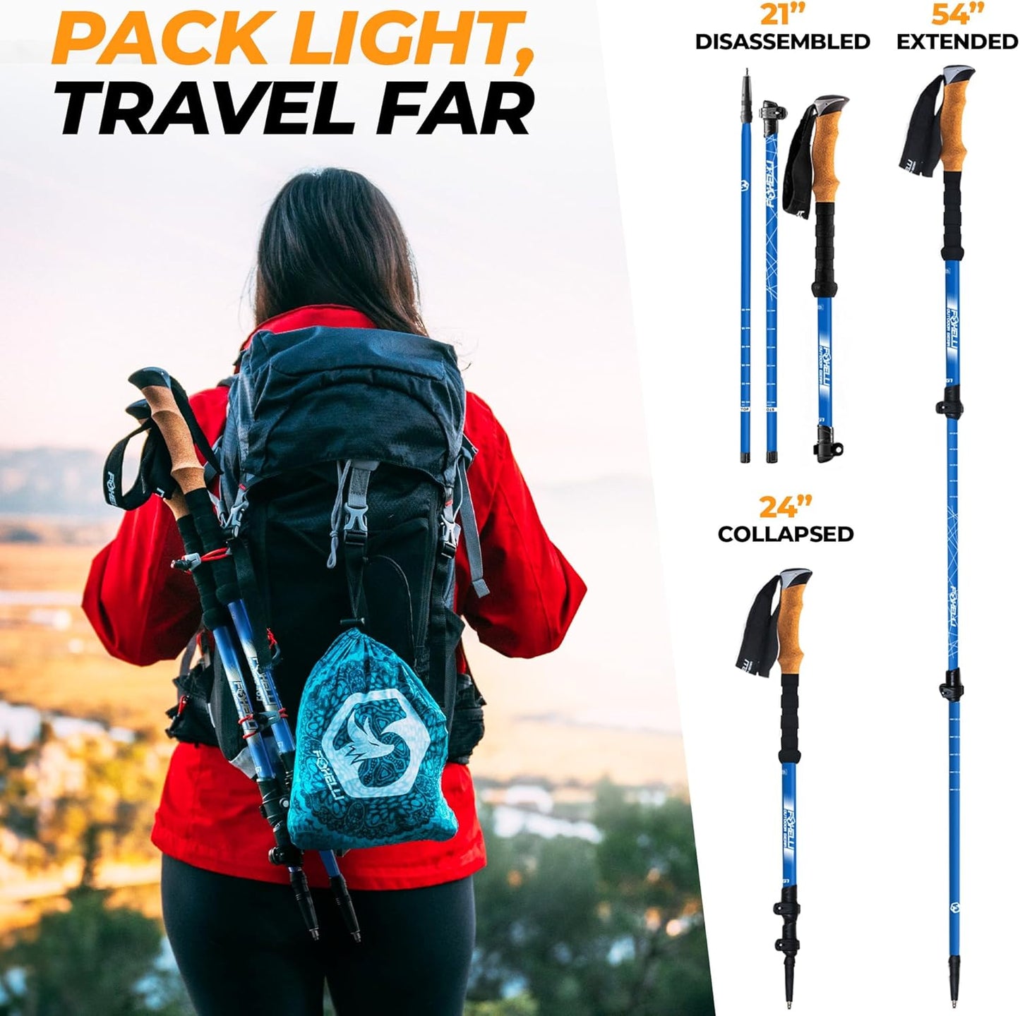 Foxelli Carbon Fiber Trekking Poles – Lightweight Collapsible Hiking Poles with Cork Grips, Lever Locks & All Terrain Accessories