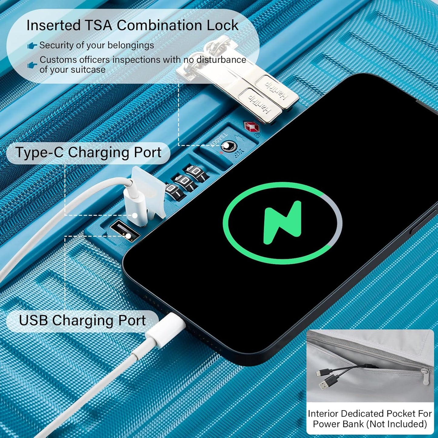 28 Inch Luggage Hard Shell Suitcases, Expandable Travel Checked Luggage 28 Inch, Large Check In Luggage with Spinner Wheels Cup Holder Charger Built in Lightweight Suitcase, Caribbean Blue