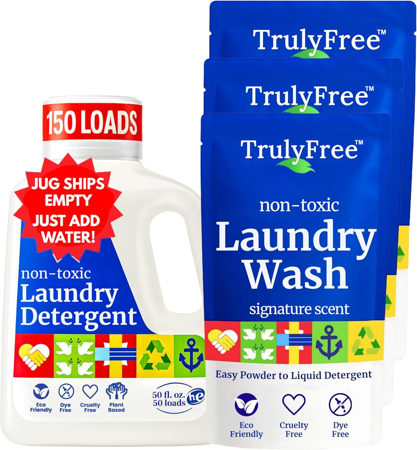 Truly Free Natural Laundry Detergent for Sensitive Skin | Eco Friendly, Plant Based, Baby Clothes Safe | Clean & Easy Powder to Liquid, 3 Pack Detergent + 1 Refillable Jug | Signature Scent 150 Loads