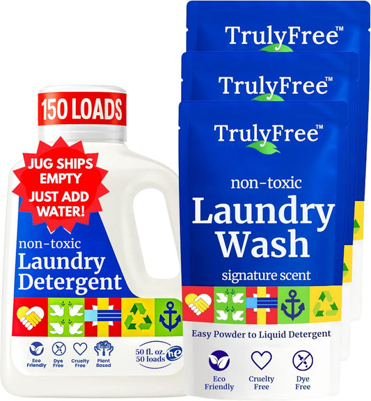 Truly Free Natural Laundry Detergent for Sensitive Skin | Eco Friendly, Plant Based, Baby Clothes Safe | Clean & Easy Powder to Liquid, 3 Pack Detergent + 1 Refillable Jug | Signature Scent 150 Loads