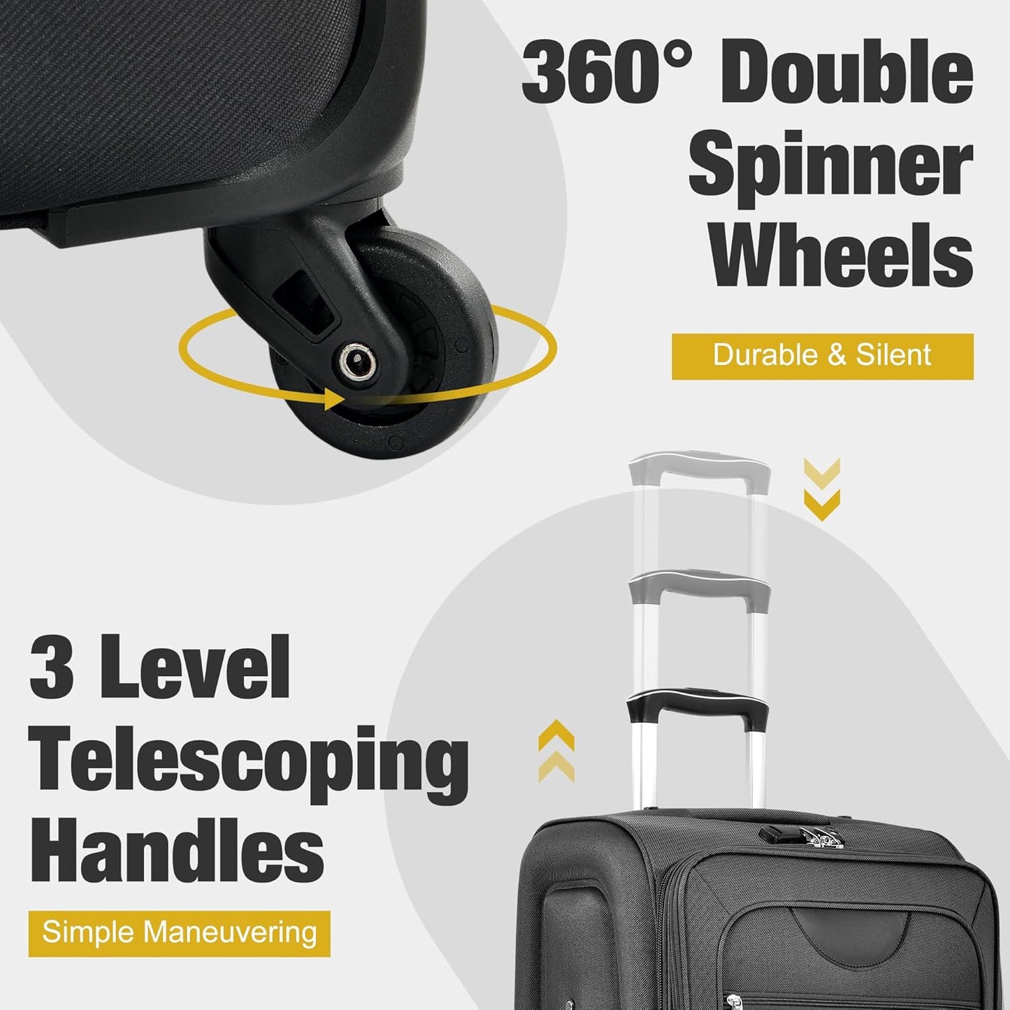 Merax Softside Luggage Set 3 Piece Suitcase with Duffel Bag Spinner Wheels Lightweight Expandable Travel Luggage 22" 26" 30",Black