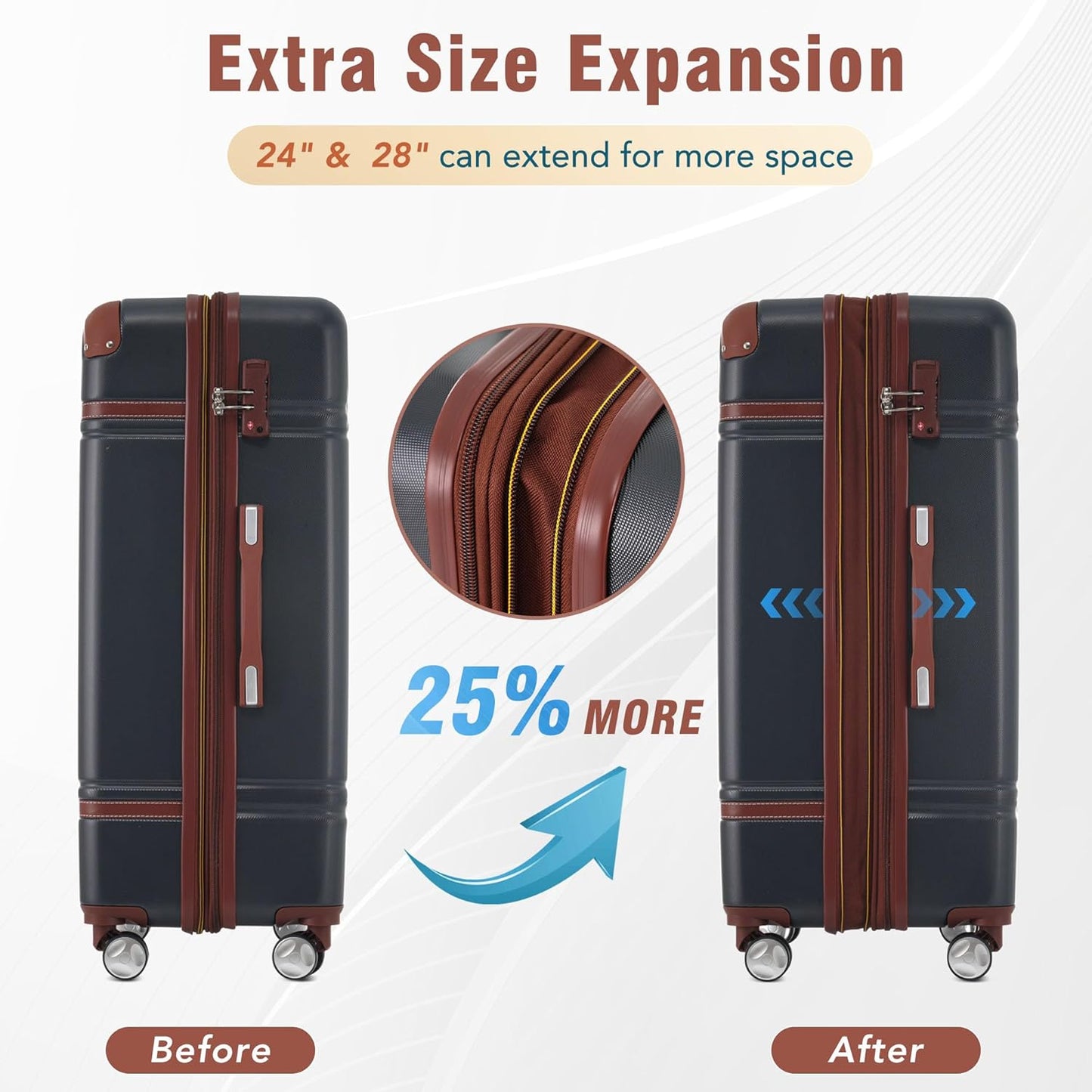 Merax Luggage Set 3 Piece Suitcase Set with 1 Cosmetic Case Expandable Spinner Wheels Vintage Luggage Sets(Black,20"+24"+28")