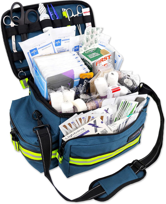 Lightning X Products Lightning X Mid-Sized First Responder EMT Bag | LXMB25 Fully Stocked Aid Kit w/ 200+ BLS Supplies - Blue