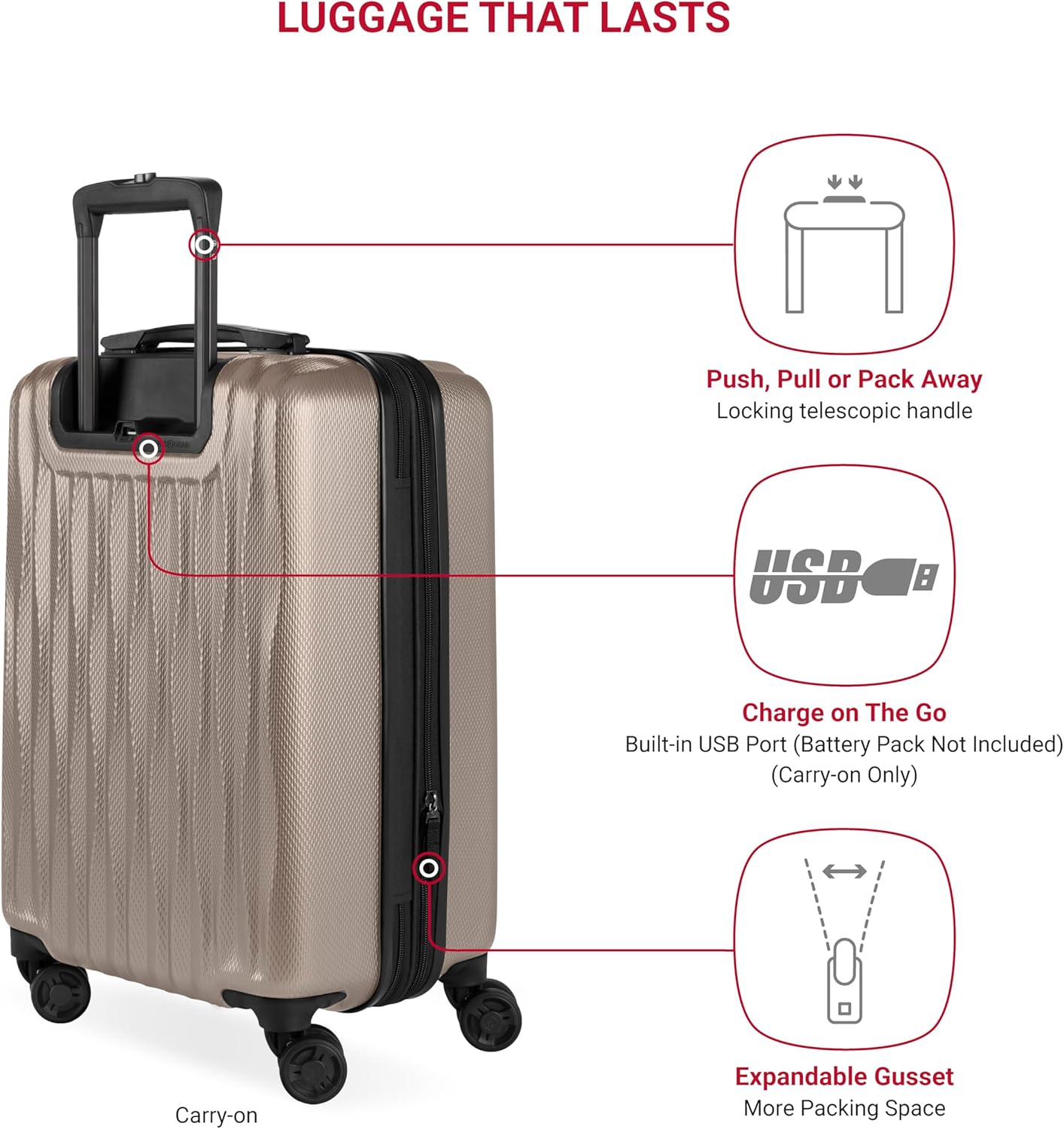 SwissGear 7272 Energie Expandable Hardside Luggage with Spinner Wheels and TSA Lock, Light Gold, 3-Piece Set (19/24/27)