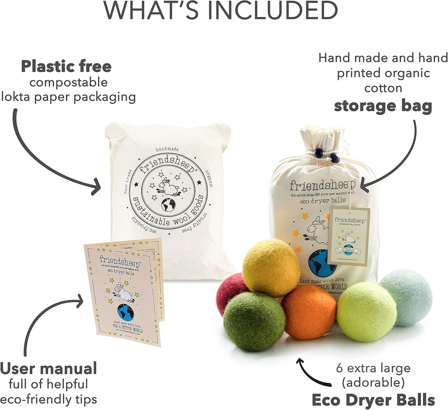 Friendsheep Wool Dryer Balls, Organic Reusable Fabric Softener Alternative for Laundry, Handmade, Fair Trade, Hypoallergenic, Eco-Friendly, Plastic-Free (6 Pack XL - Harvest Moon)