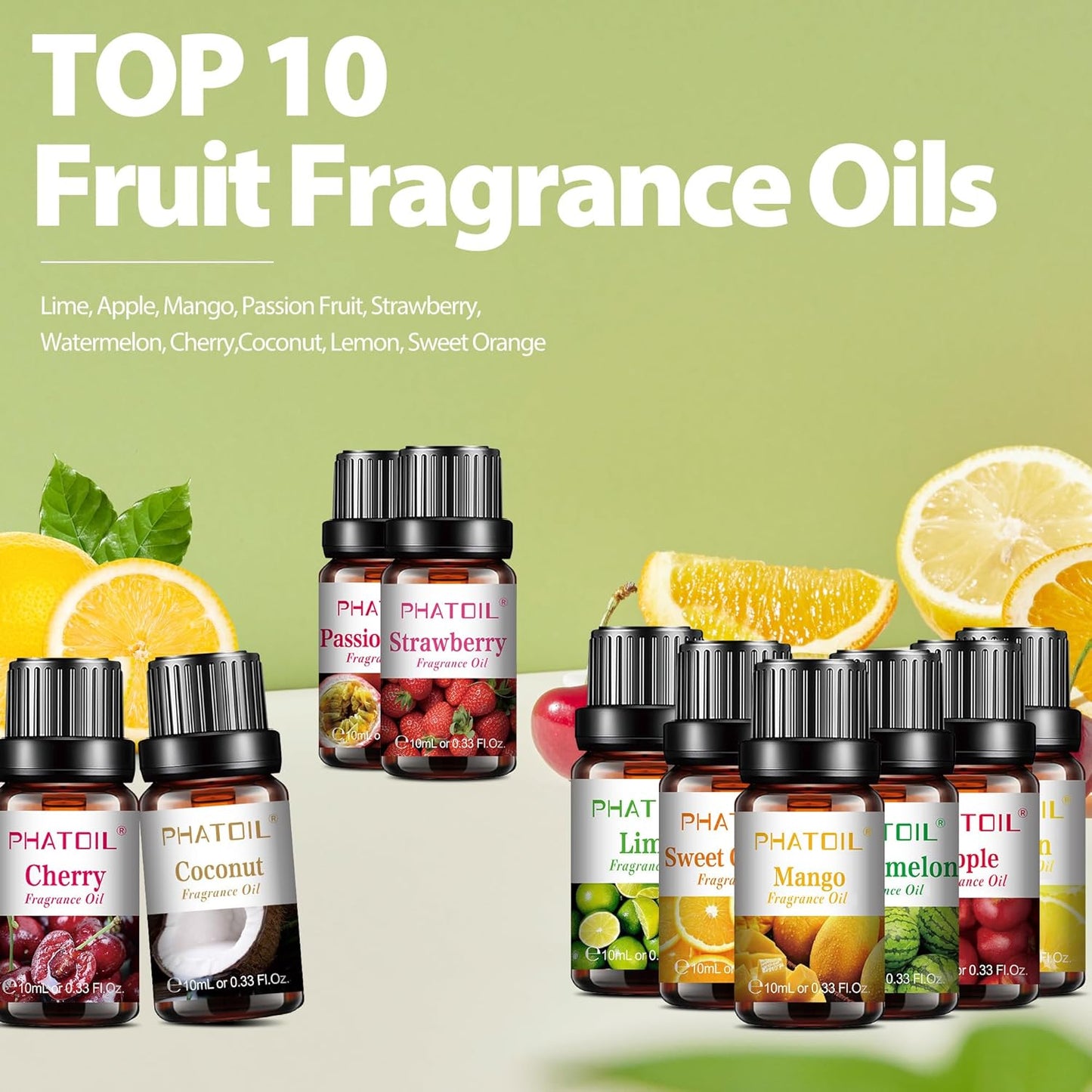 PHATOIL 10pc Fruity Fragrance Oil Set - Coconut, Cherry, Apple, Strawberry, Mango Candle & Soap Scents, Diffuser Oil Set