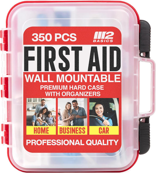 M2 BASICS Professional 350-Piece First Aid Kit – First Aid Kit for Car, Home, Office, Business & Vehicles – Organized Dual-Layer Wall-Mountable Hard Case, Emergency Medical, OSHA Workplace Safety