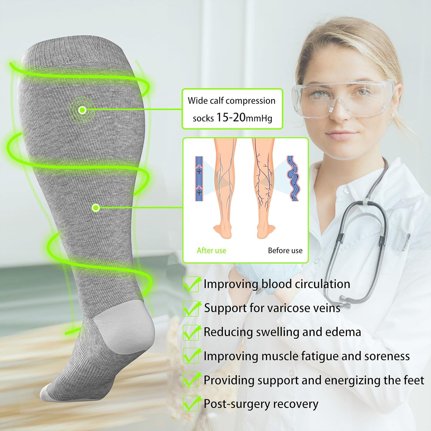 LEVSOX Wide Calf Compression Socks for Women&Men Plus Size 15-20mmHg Knee High Large Support Stockings for Circulation