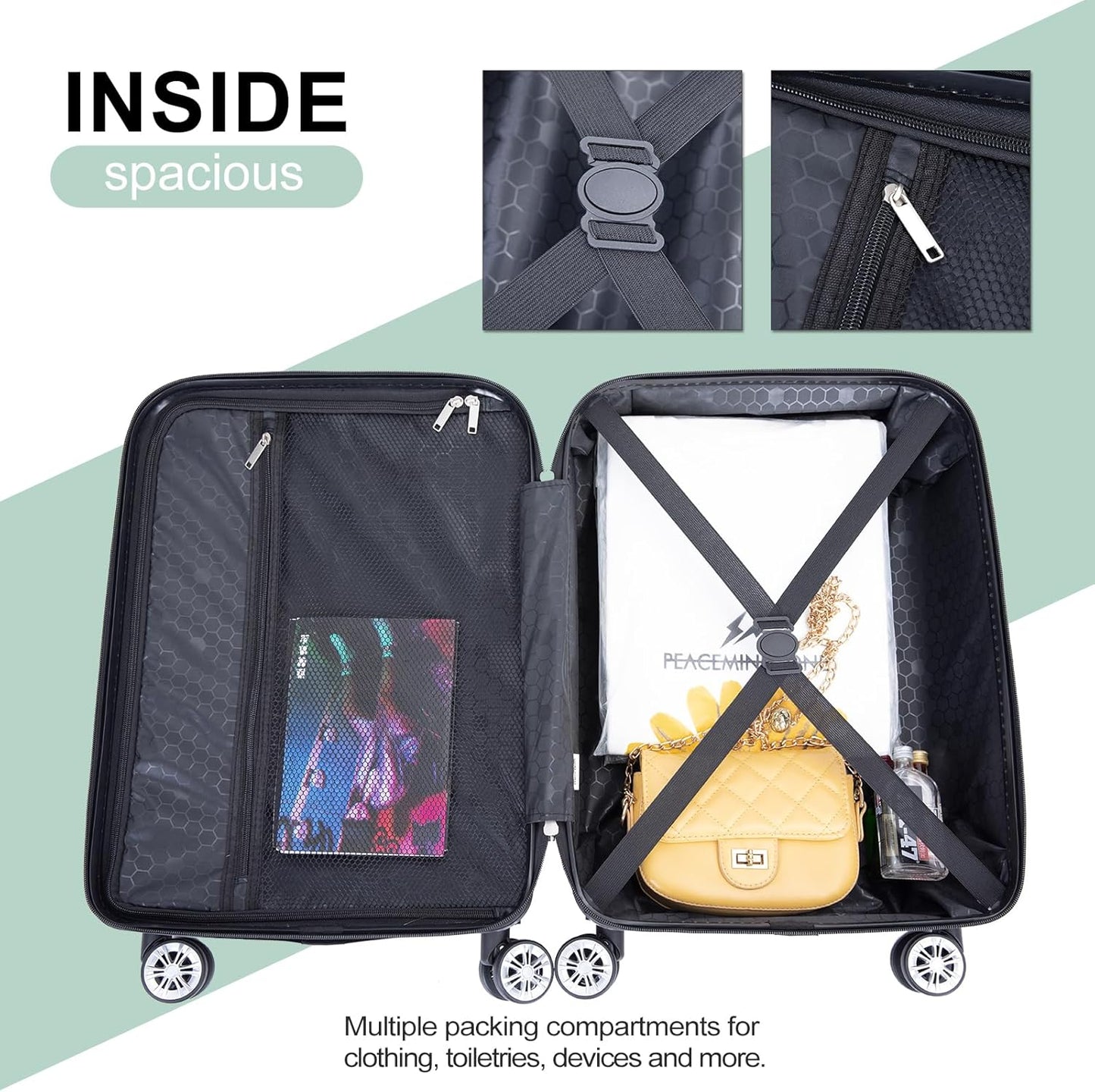 Luggage 4 Piece Set, Hardshell ABS Suitcase Set with Double Spinner Wheels, Lightweight Suitcase, Carry On and Checked Travel Luggage, Olive Green