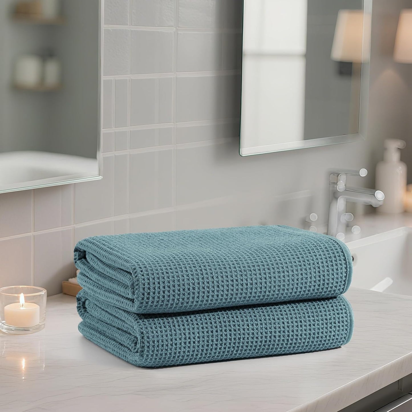 POLYTE Microfiber Oversize Quick Dry Lint Free Waffle Bath Towel for Body, 60 x 30 in, Set of 2