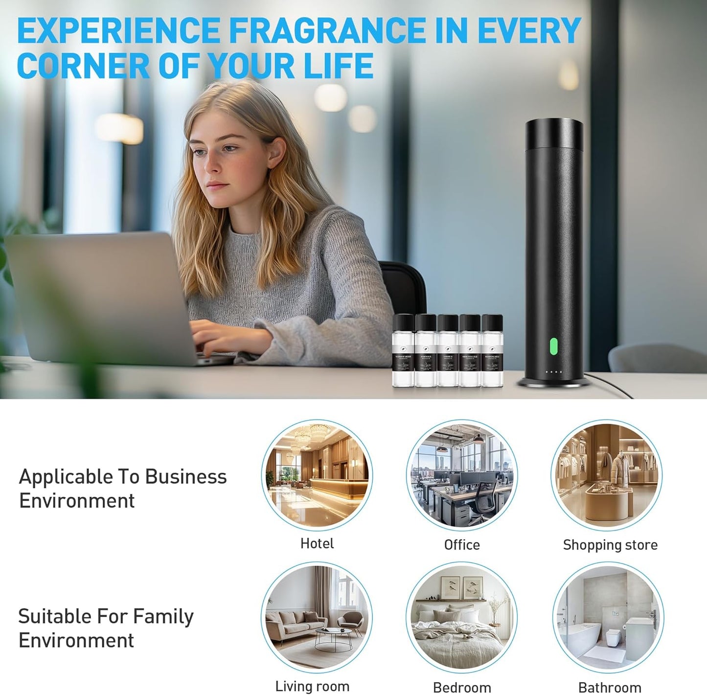 Waterless Scent Diffuser Starter Kit - 1000 Sq Ft Coverage, Hotel Scent Diffuser, Essential Oil Diffuser Large Room, Included 5 Scent Oils, Remote Control, Black, 11.30In