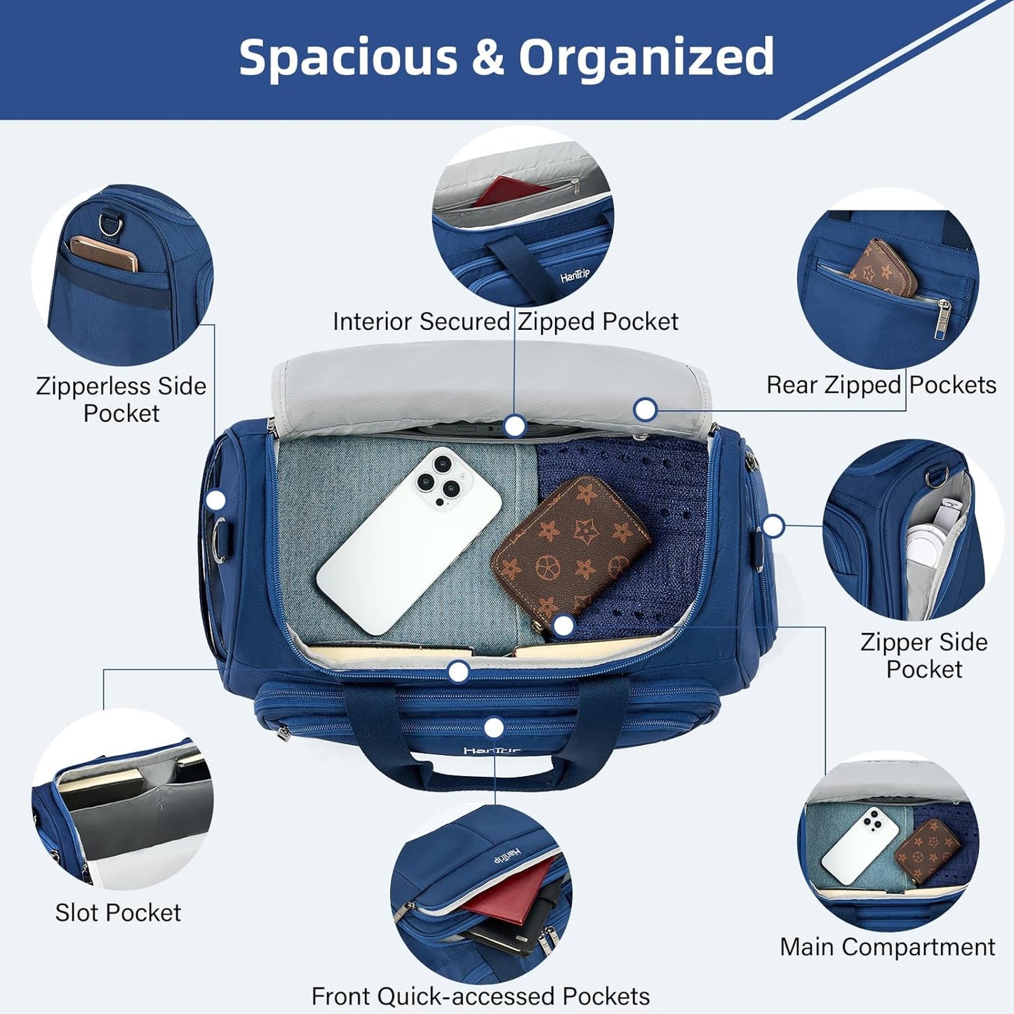 Carry on Duffel Bag Foldable Duffle Bags for Travel, Under Seat Personal Item Bags for Airplanes, Weekender Overnight Mens Travel Tote Bag for Women Small Softside Carry on Luggage (Blue)