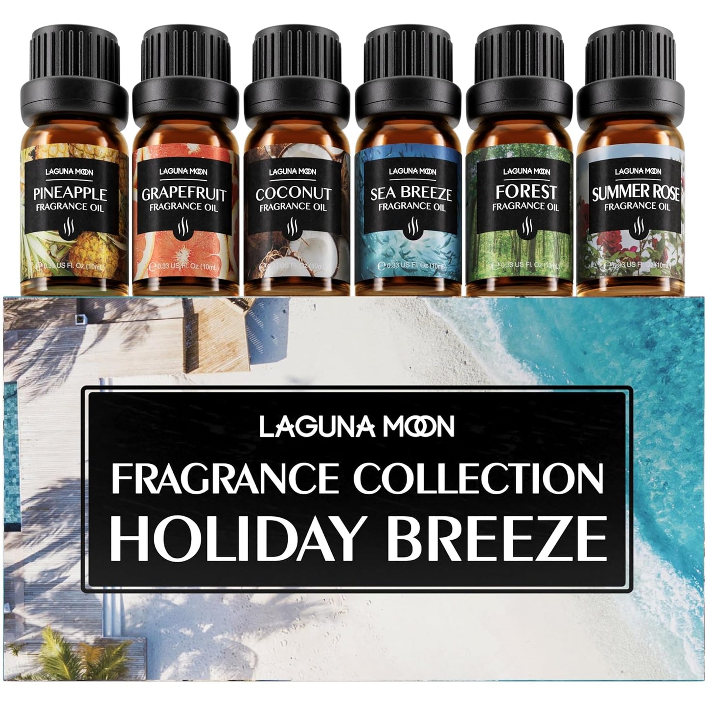 Lagunamoon Summer Essential Oils Set - Holiday Breeze Gift Set for Diffusers, Home Care, Candle Making, Fragrance, Aromatherapy, Humidifiers, Gifts - Coconut, Pineapple, and Grapefruit (10ml)