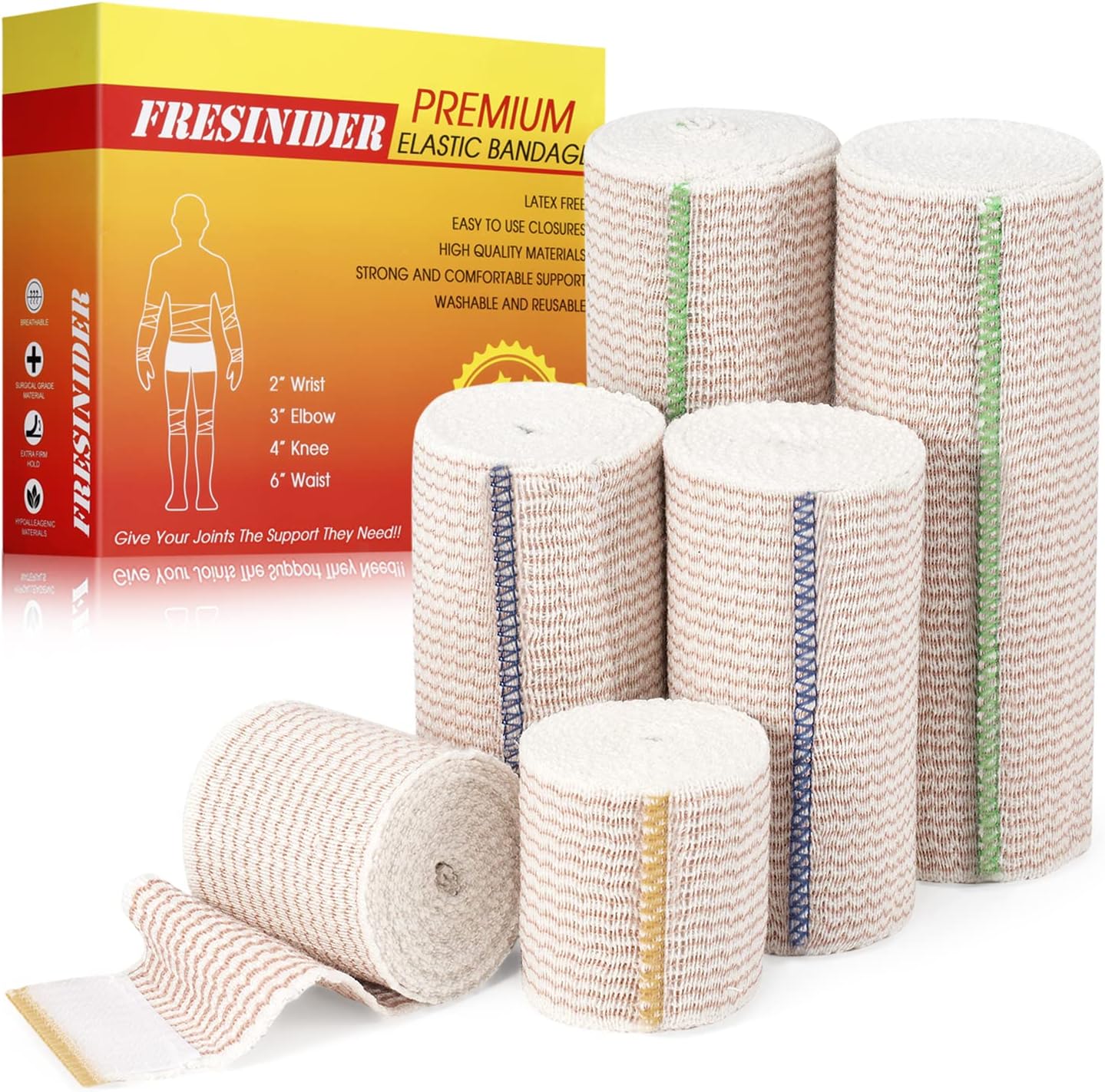 FRESINIDER Premium Elastic Bandage Wrap, 6 Pack (2x2, 2x4, 2x6) Cotton Compression Bandage with Touch Closure at Both Ends, Support & First Aid, Medical, and Injury Recovery