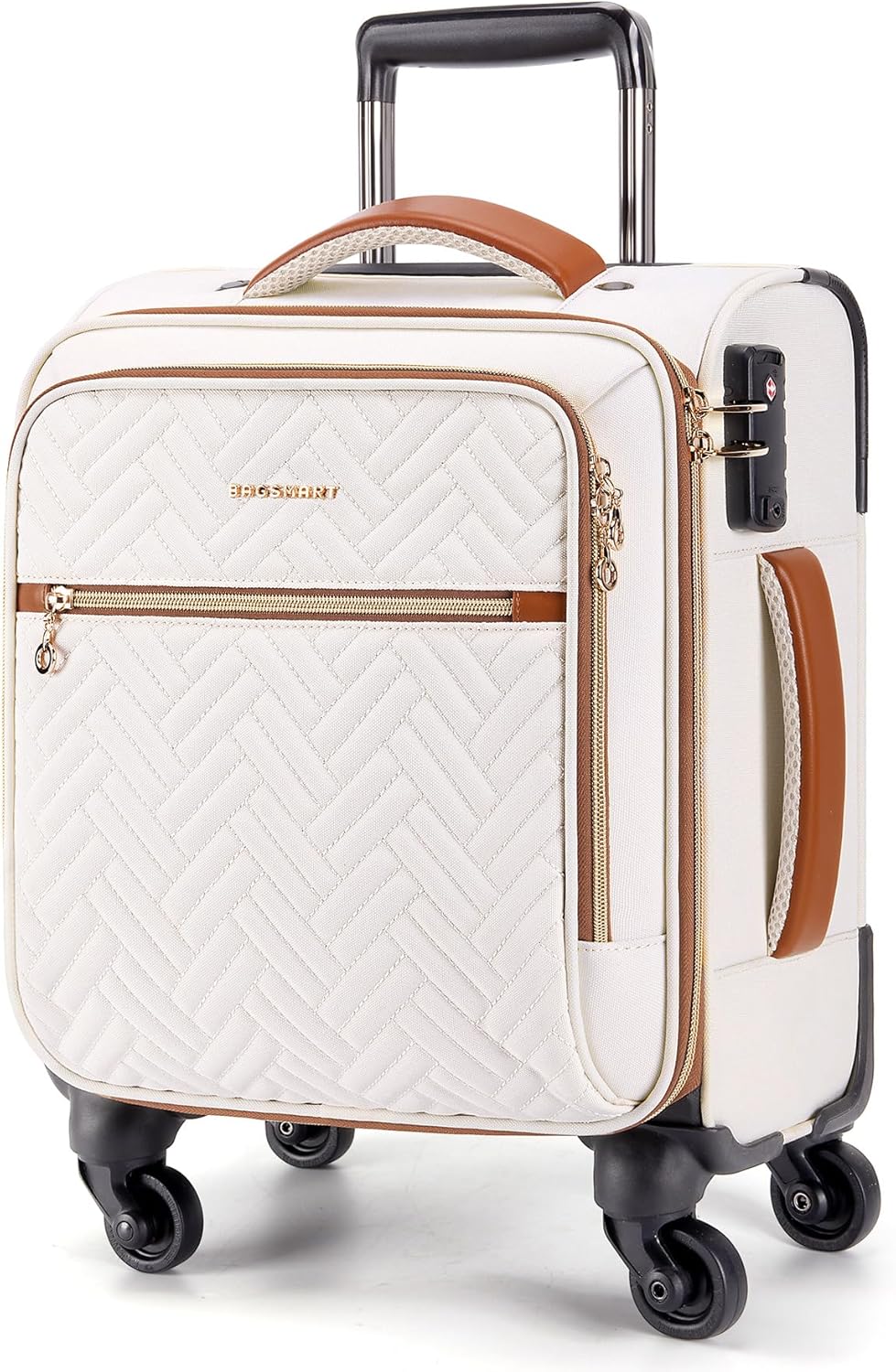 BAGSMART Underseat Carry On luggage Airline Approved, 16-inch Small Softside Underseater Travel Suitcase with Spinner Wheels Overnight Bag Small Rolling Carry-on for Women Men Weekender,Beige