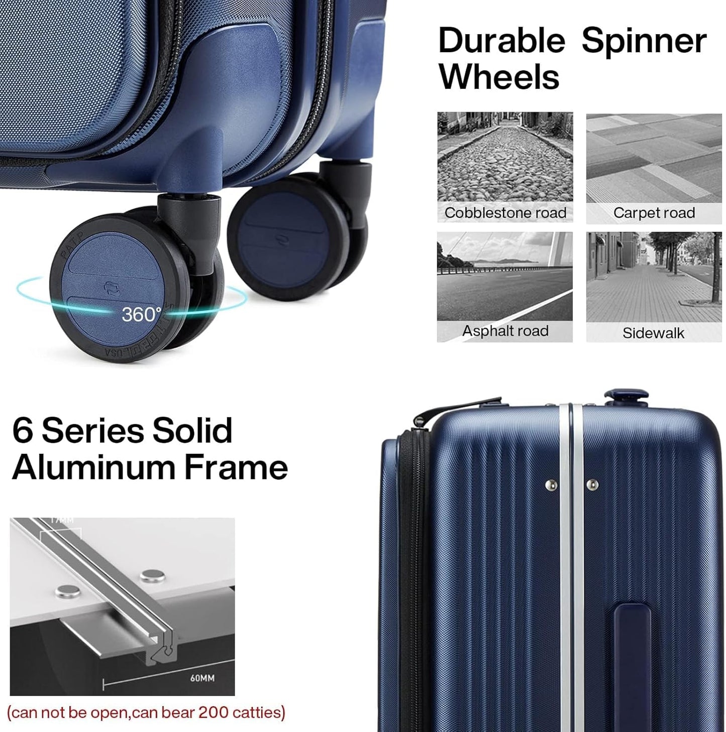 Hanke 20 Inch Carry On Luggage with Front Pocket Aluminum Frame, Hard Shell Suitcases with Wheels, Rolling Luggage, Suitcase with Lock, Travel Luggage for Weekender, Dark Blue