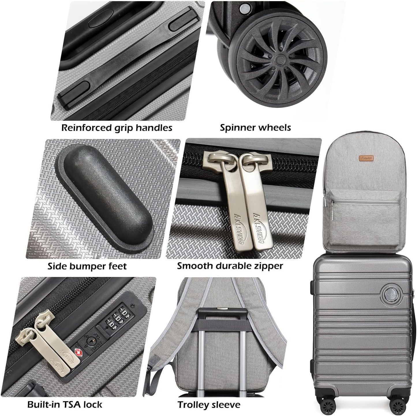 ABS+PC Carry on Luggage set with backpack 3 Pcs suitcace with Spinner wheels TSA Lock 20-In hardshell Lightweight Luggage set(Grey)