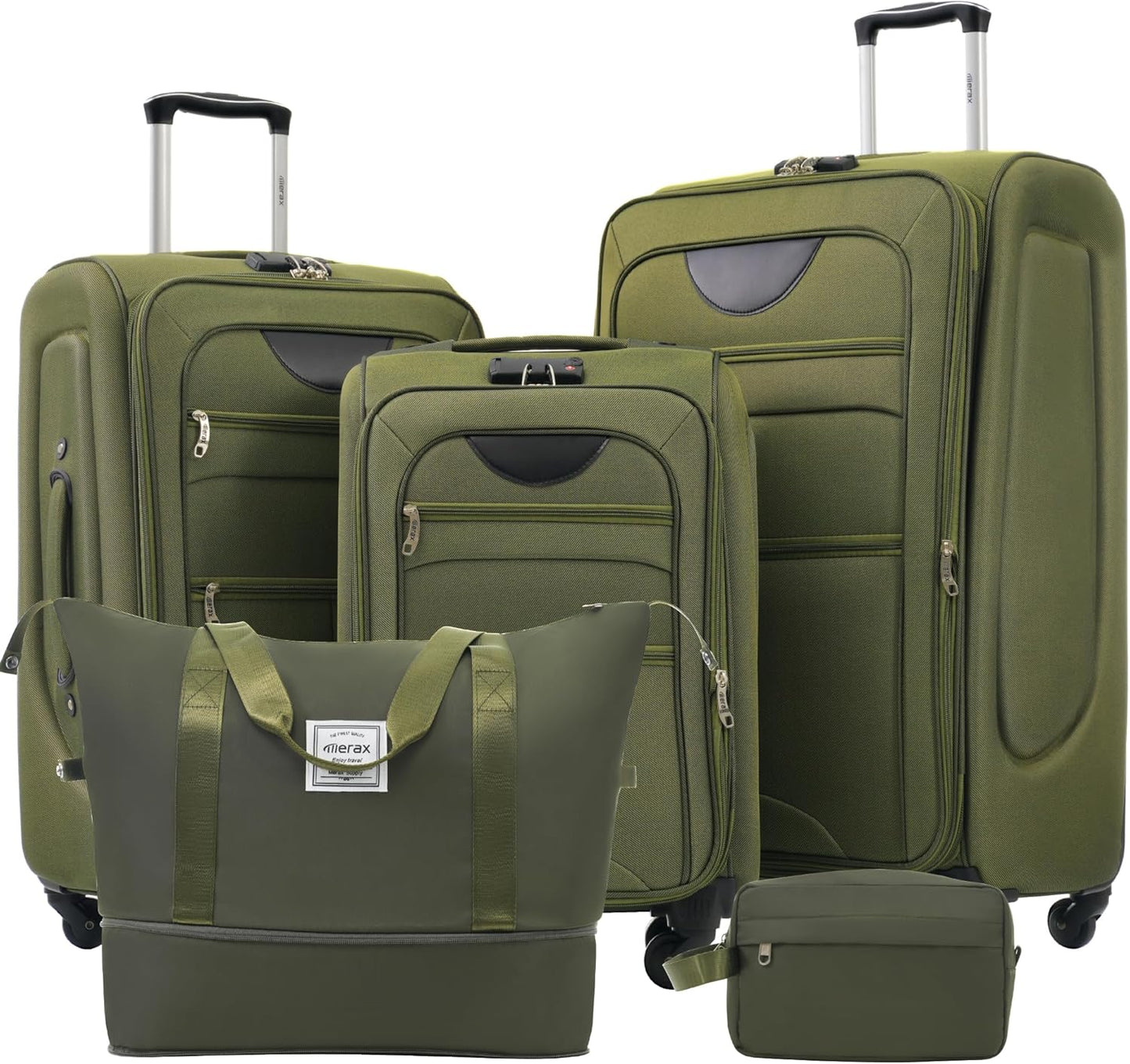 Merax Softside Luggage Set 3 Piece Suitcase with Duffel Bag Spinner Wheels Lightweight Expandable Travel Luggage 22" 26" 30",Army Green
