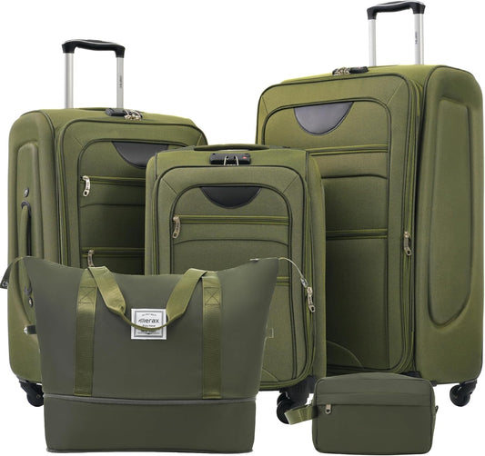 Merax Softside Luggage Set 3 Piece Suitcase with Duffel Bag Spinner Wheels Lightweight Expandable Travel Luggage 22" 26" 30",Army Green