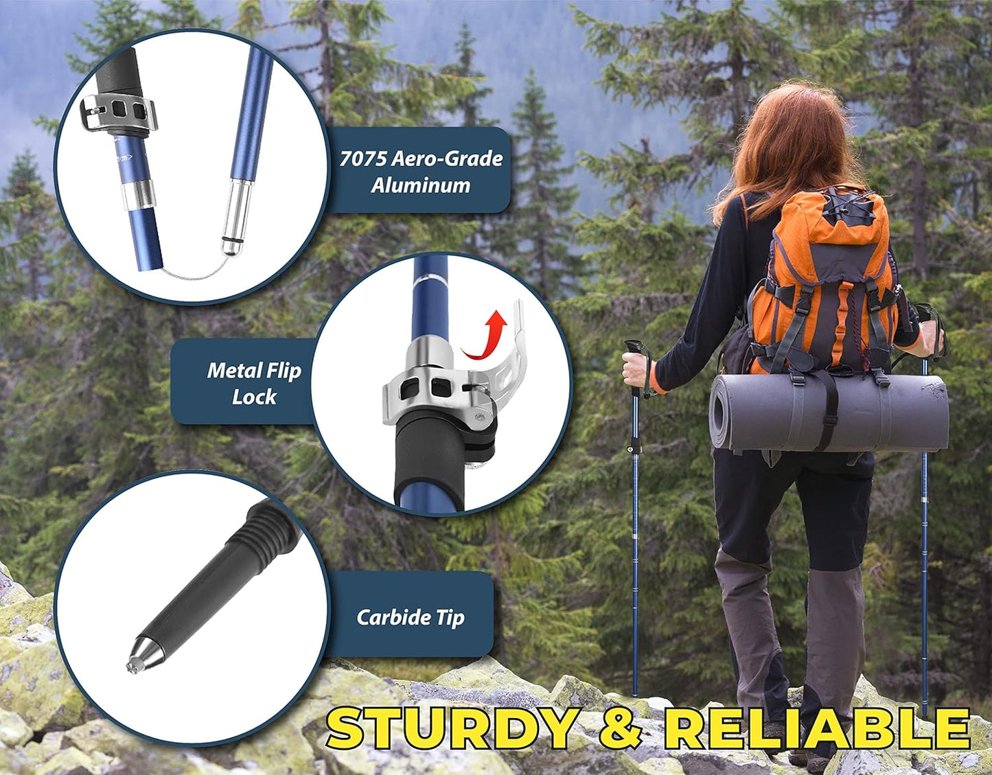 TREKOLOGY TREKZ SE 2pc Collapsible Hiking Stick - Lightweight, Foldable Retractable Trekking Poles for Men, Women & Seniors with Adjustable Heights - Nordic Walking Stick for Backpacking, Camping