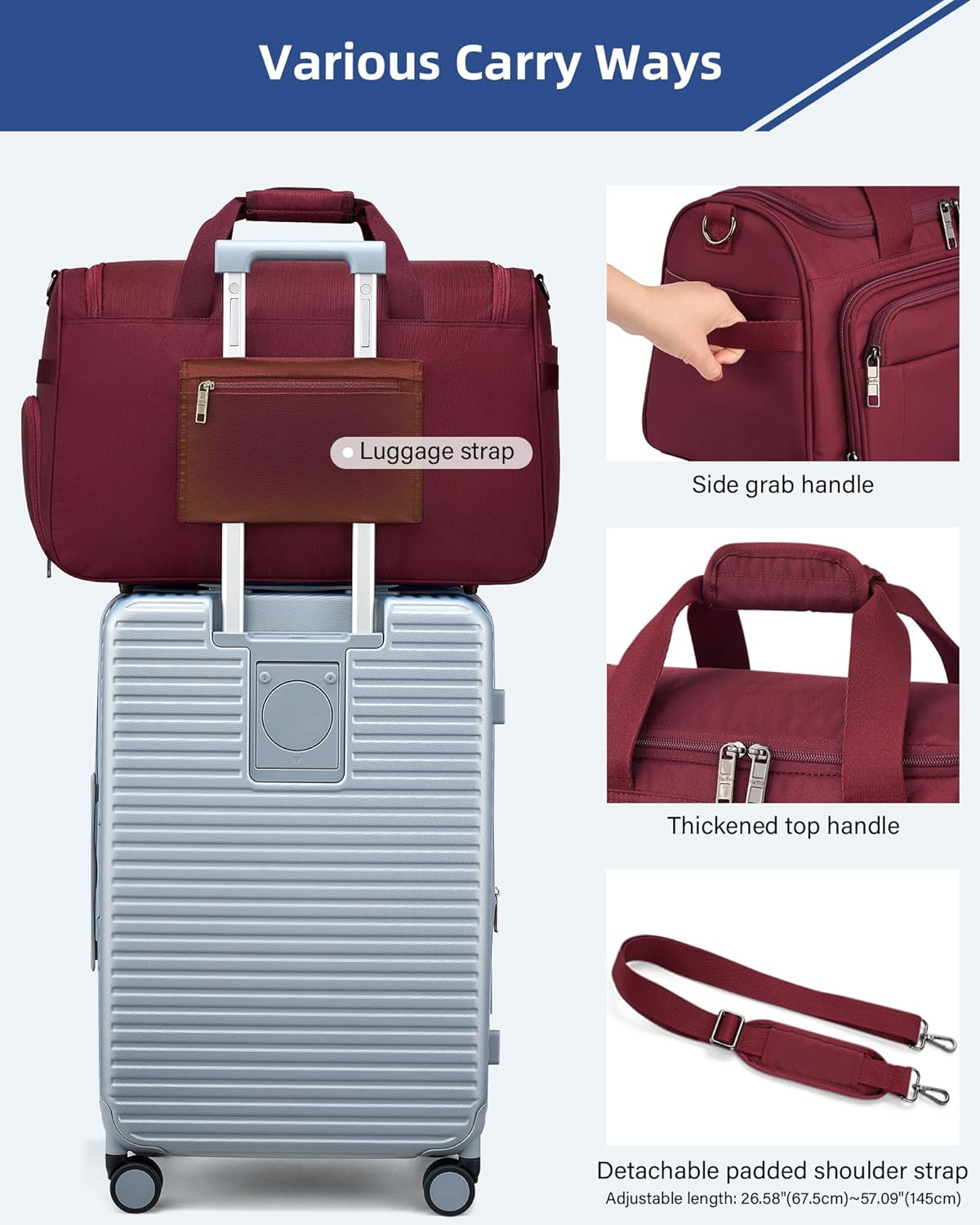 Carry on Duffel Bag Foldable Duffle Bags for Travel, Large Personal Item Bags for Airplanes, Weekender Overnight Mens Travel Tote Bag for Women Softside Carry on Luggage (Burgundy)